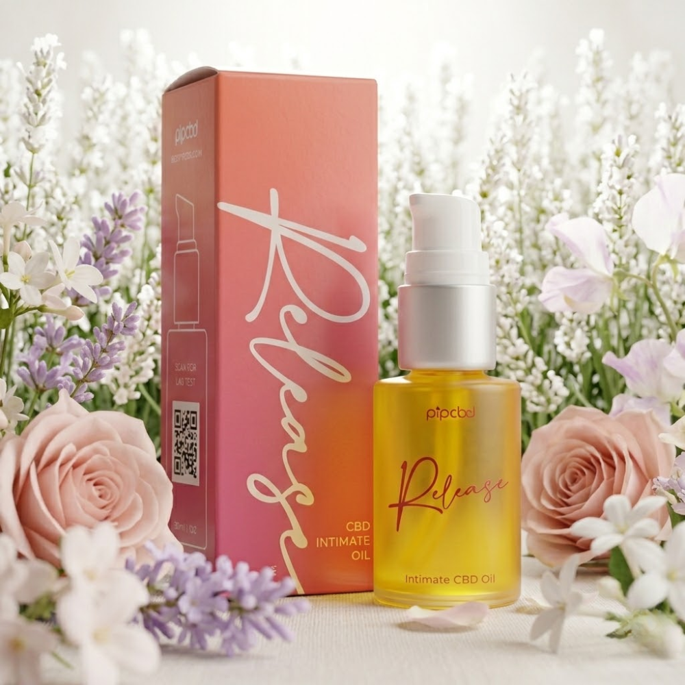 A beautifully staged product image of the Pip Wellness Release CBD intimate oil shown in a yellow container next to a pink box surrounded by white and pink flowers along with lavender.